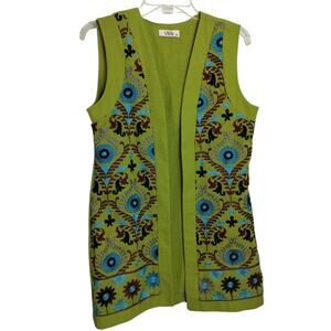 4423)Vikik Open Front Boho Festival Green Embroidery Linen Lined Vest EU38/Small